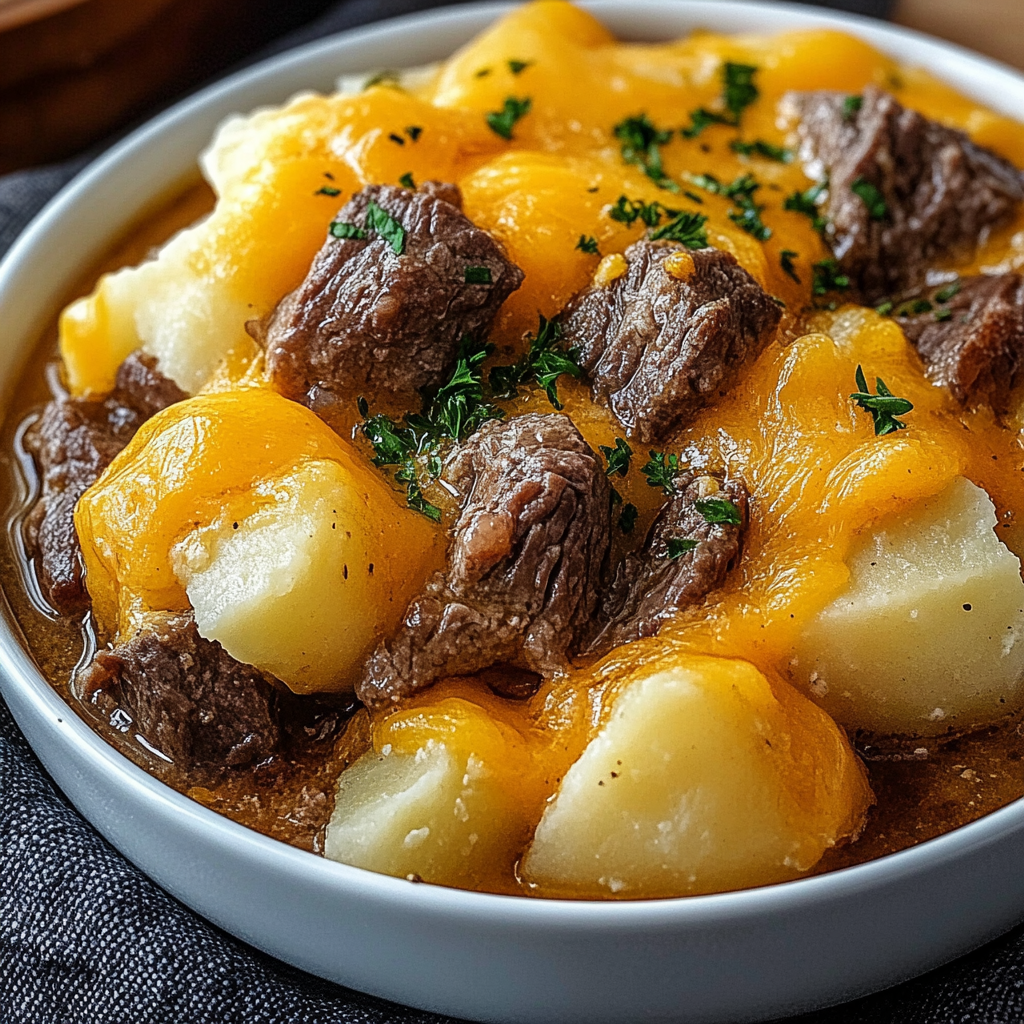 Slow Cooker Steak and Cheddar Potato Casserole
