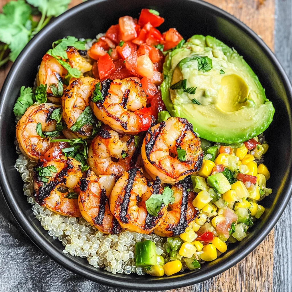 Grilled Shrimp Bowl with Avocado, Corn Salsa & Creamy Sauce