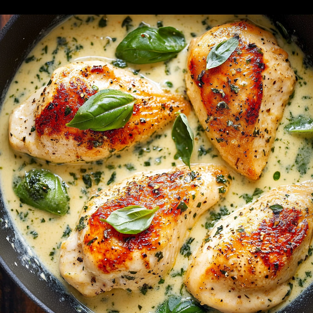 Mozzarella Chicken in Basil Cream Sauce