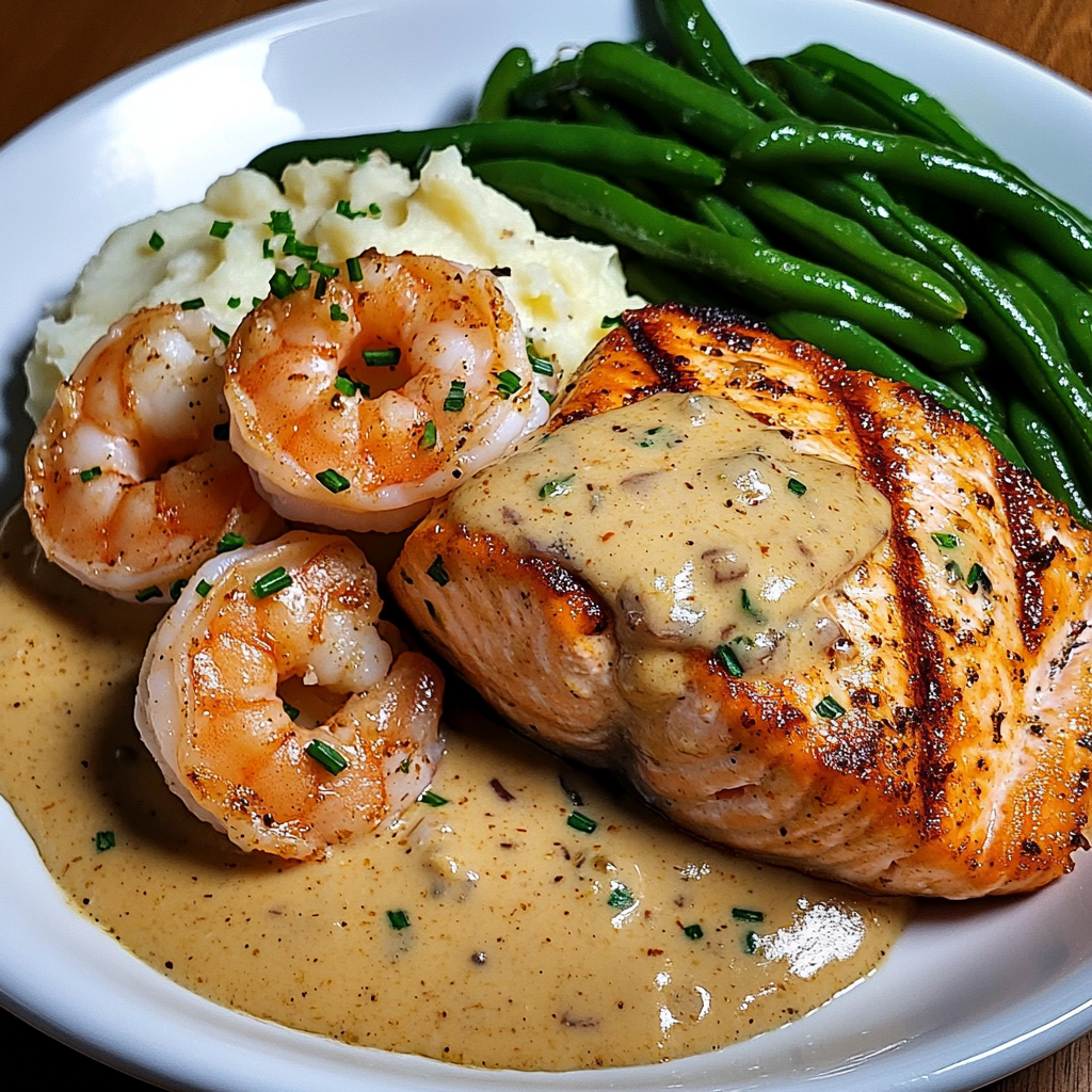 Cajun Shrimp and Salmon with Garlic Cream Sauce, Mashed Potatoes, and Green Beans: A Flavor-Packed Dinner to Impress