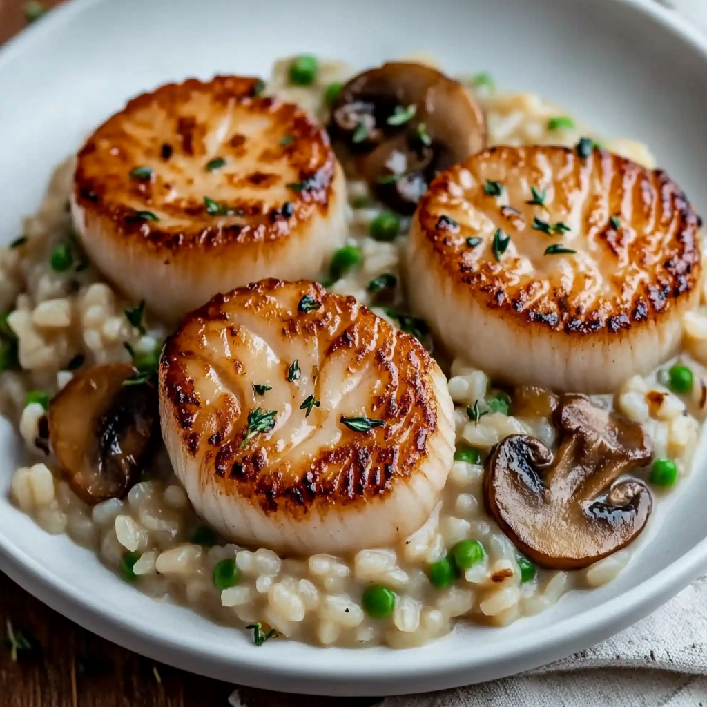 Easy Seared Scallops with Mushroom Risotto