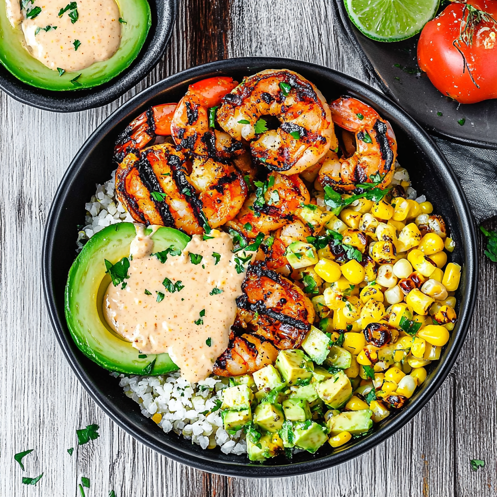 Grilled Shrimp Bowl with Avocado, Corn Salsa & Creamy Garlic Sauce: An Incredible 7-Ingredient Recipe