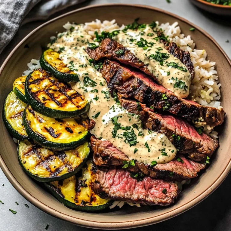 Grilled Steak Bowl with Creamy Sauce & Grilled Zucchini