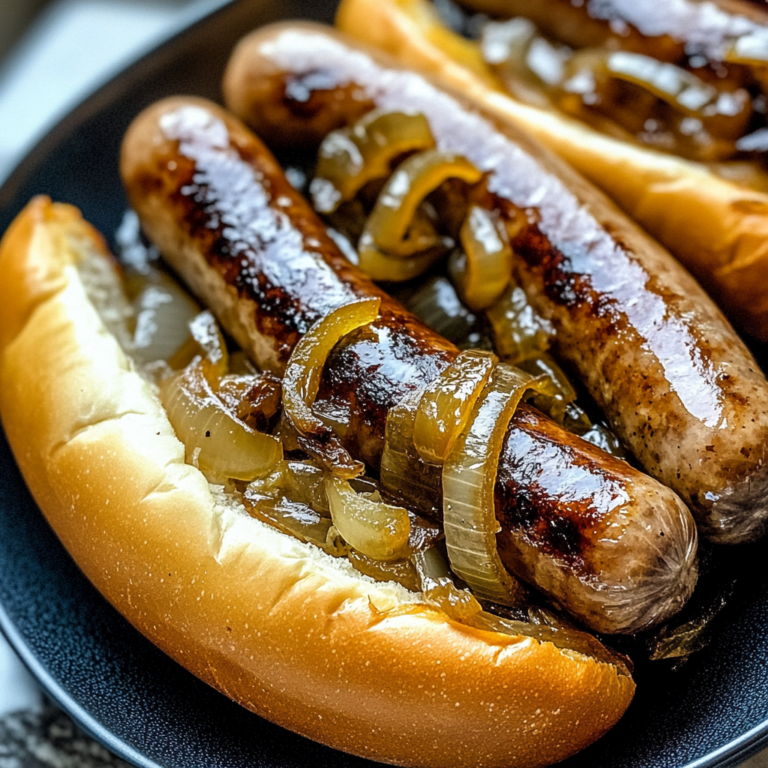 Oven Braised beef broth Brats with Caramelized Onions Recipe