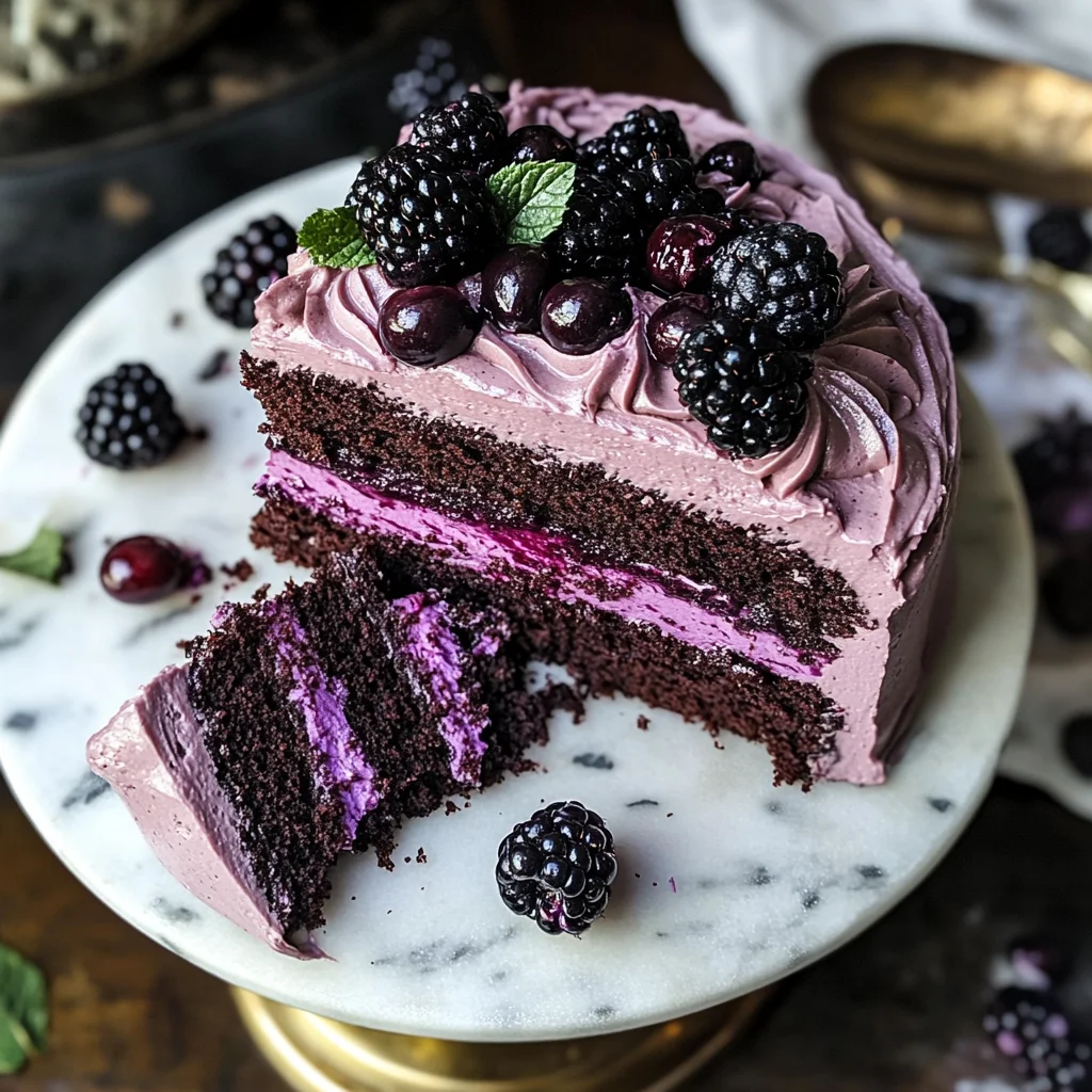 Bourbon Chocolate Cake with Blackberry Buttercream