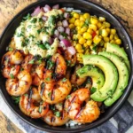 Grilled Shrimp Bowl with Avocado, Corn Salsa & Creamy Garlic Sauce