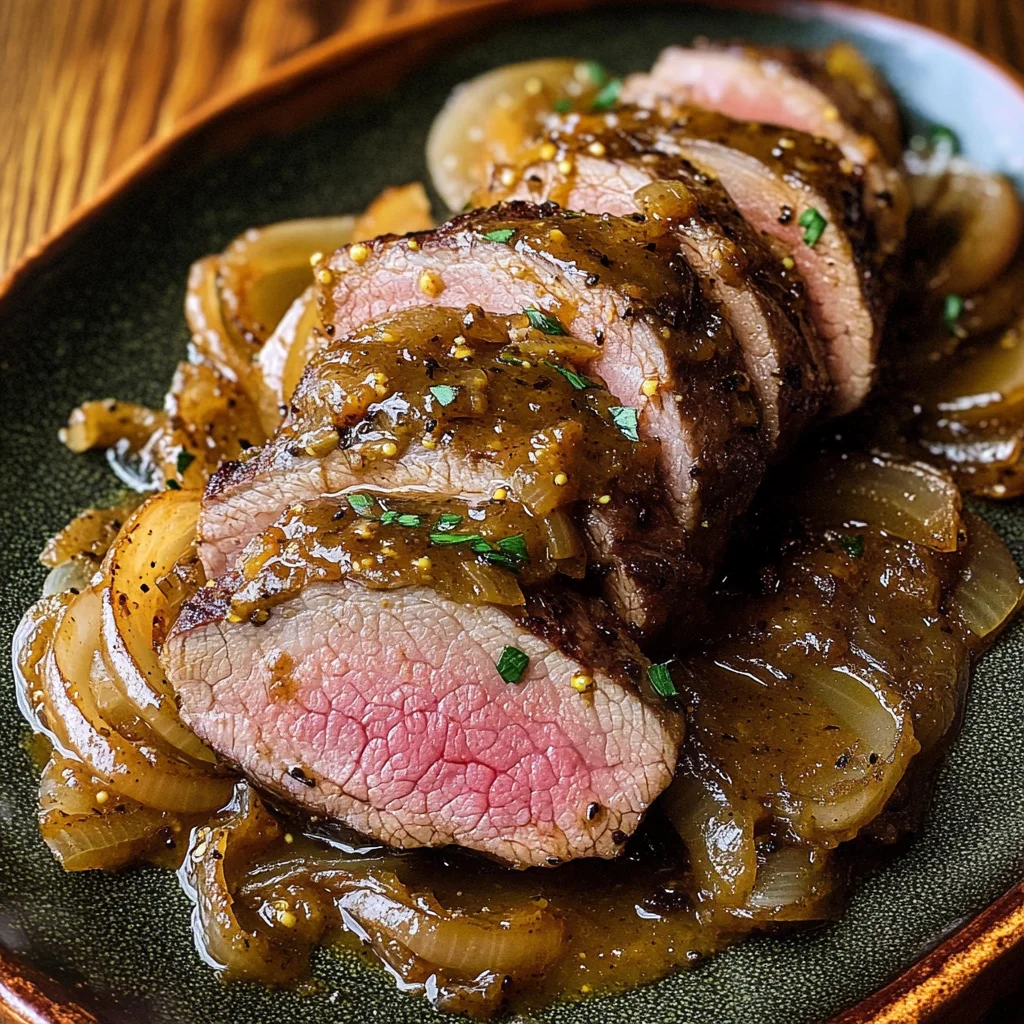 Maple Mustard beef Tenderloin with Caramelized Onions