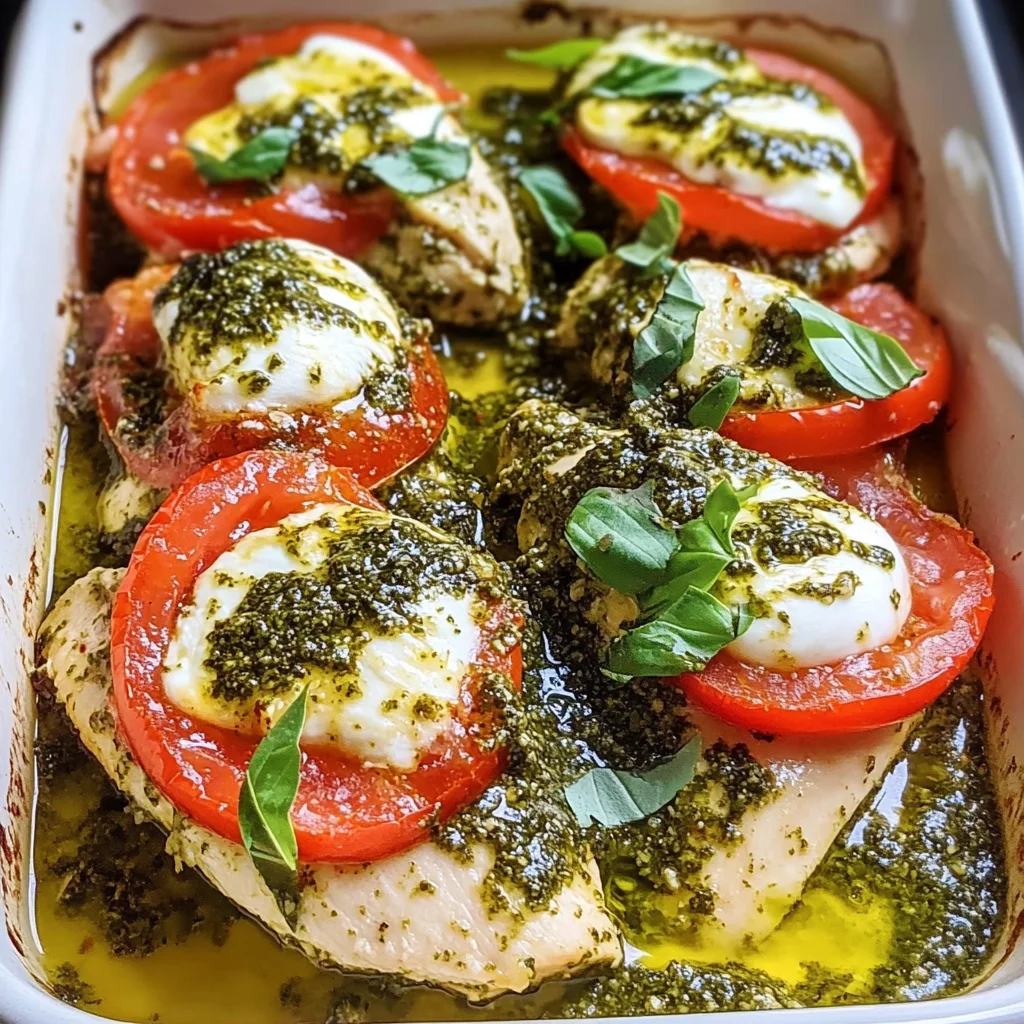 Basil Pesto Tomato Mozzarella Chicken Bake