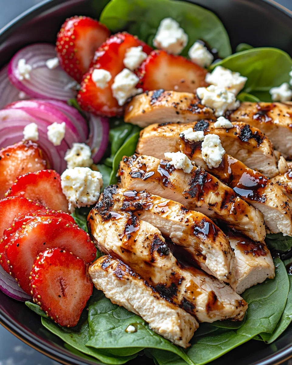 Strawberry Spinach Grilled Chicken Salad with Balsamic Glaze